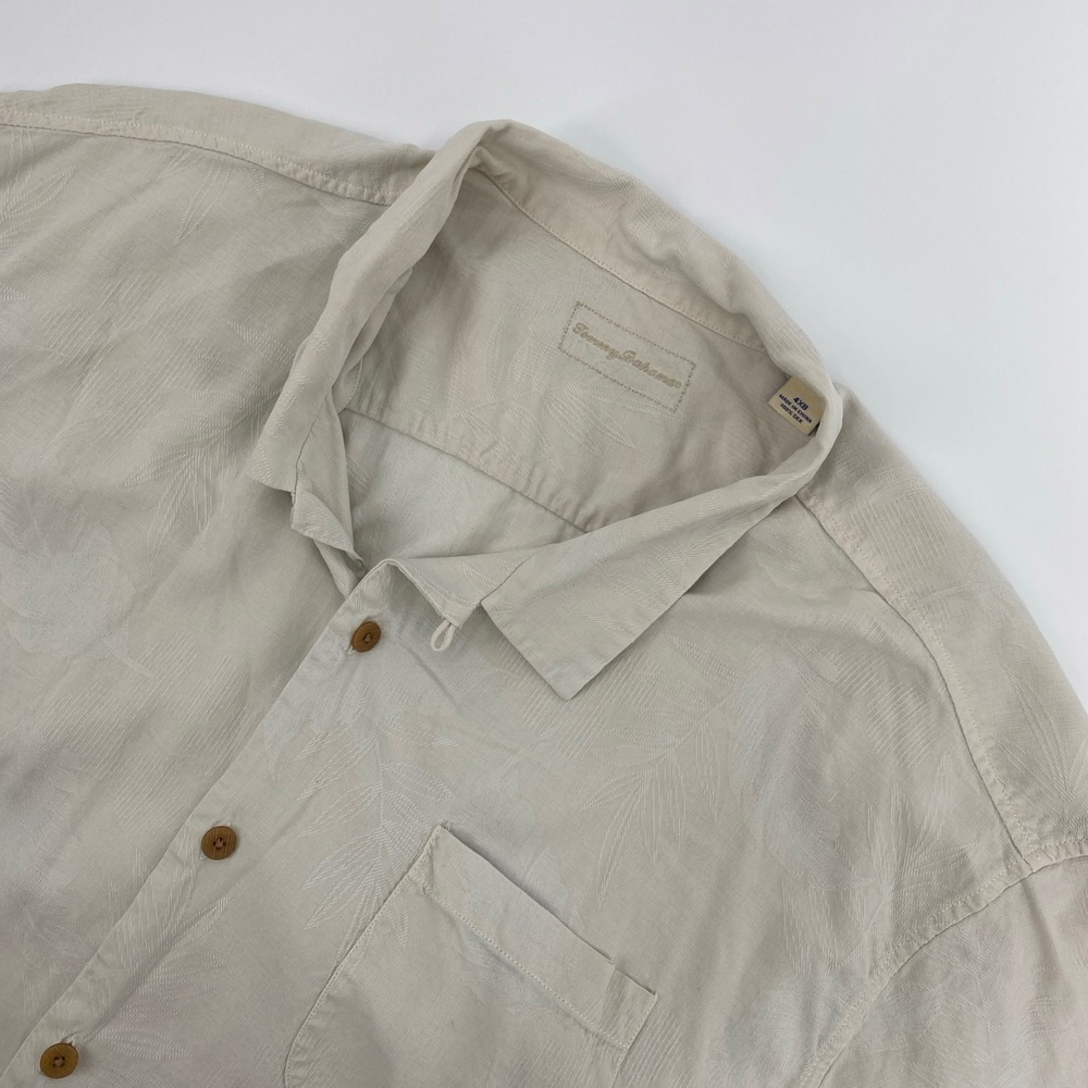 Tommy Bahama Silk‎ Shirt Mens 4XB Beige Palm Leaf Jacquard Tropical Island Camp